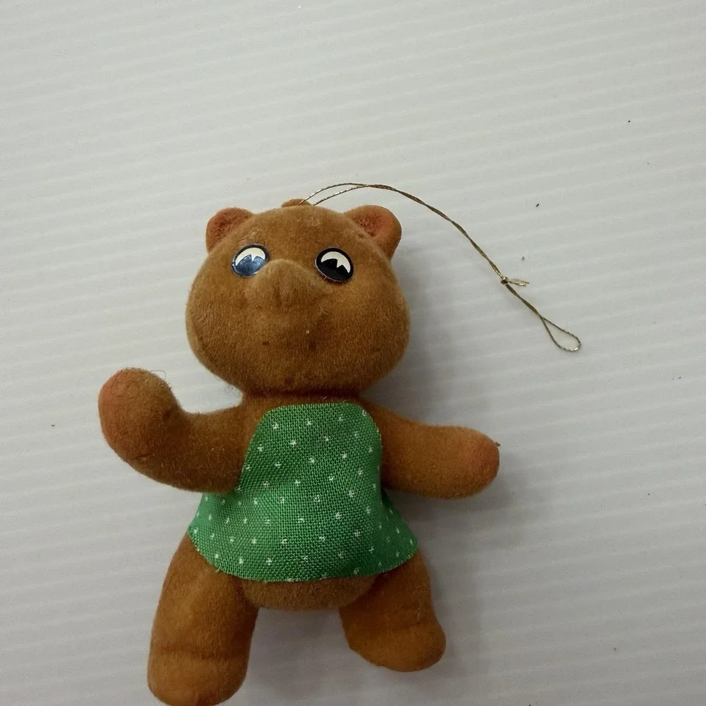 Vintage Flocked Bear Christmas Ornament Green Shirt 70s 80s